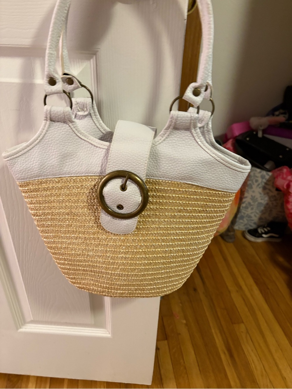 White and Natural Straw Shoulder Bag with Buckle Detail